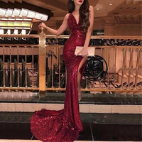 sexy high slit red formal evening dresses lady sleeveless sequins v neck skinny slim cocktail party gown classical robe