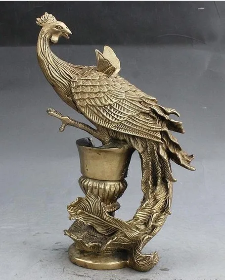 

10inch Collect China Dynasty Palace Brass beautiful phoenix Peacock decorate Statue