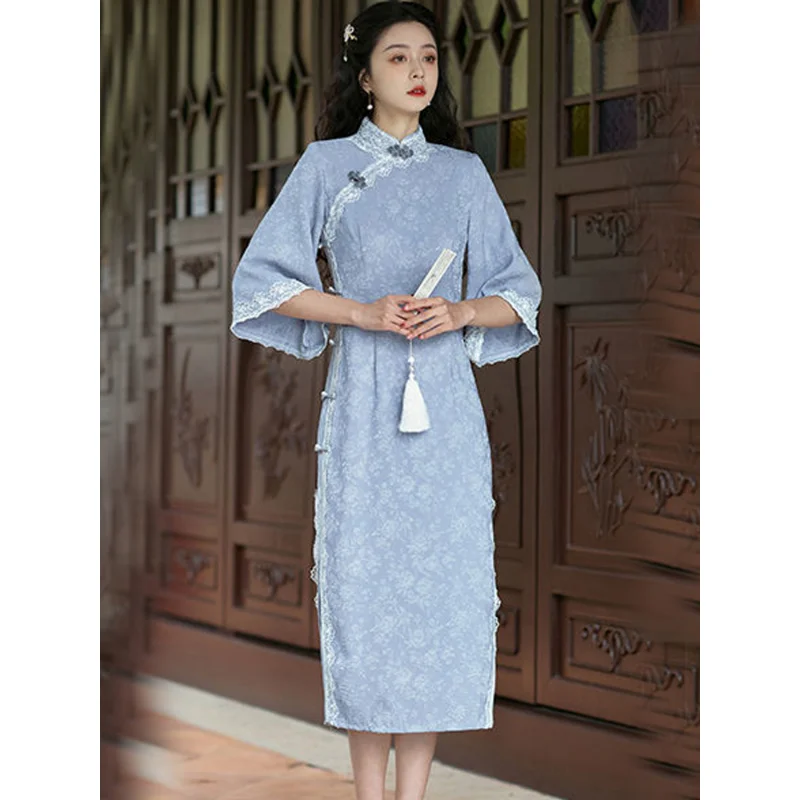 

Blue Round Lapel Standing Collar The Thin Section The Traditional Chinese Dress 2022 Spring and Summer Improved Cheongsam Women