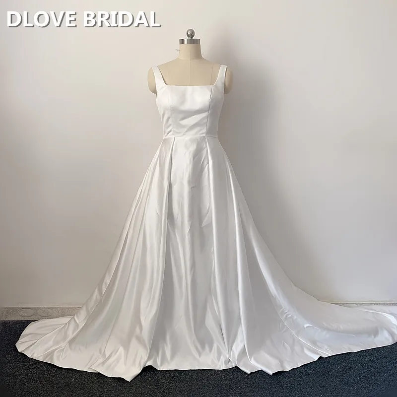 

Simple Elegant Satin A Line Wedding Dress Backless Bridal Gown with Pockets Buttons Back Vestido De Noiva Real Photos