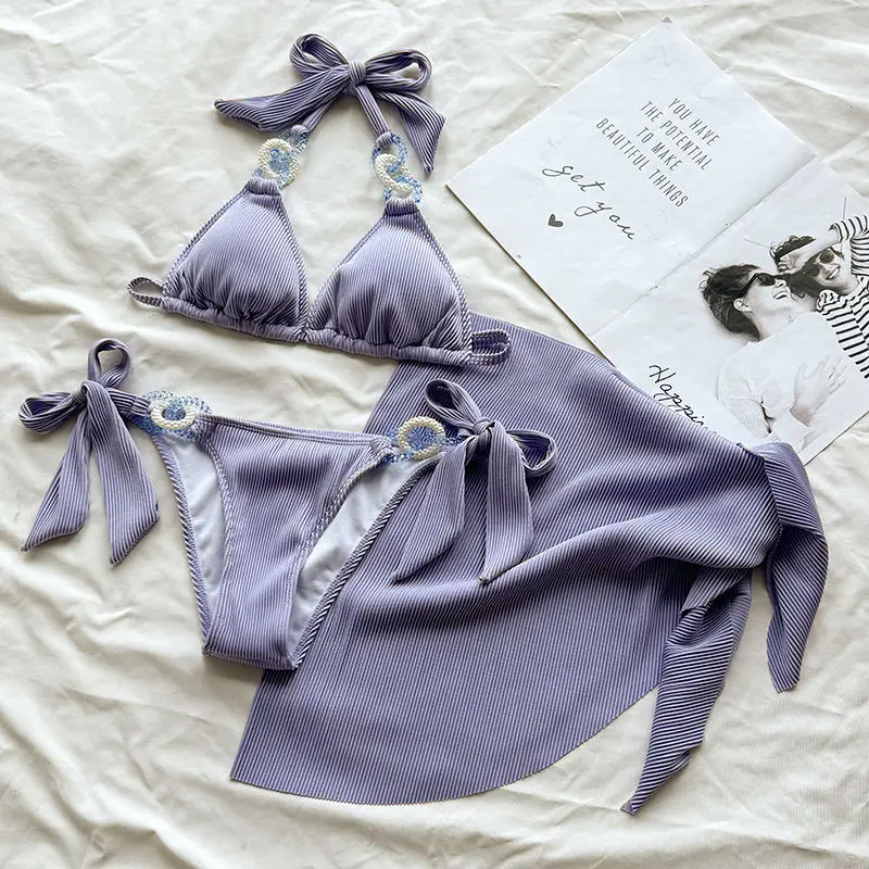 Пикантный фиолетовый микро бикини 2024 женский купальник с лямкой на шее из трех