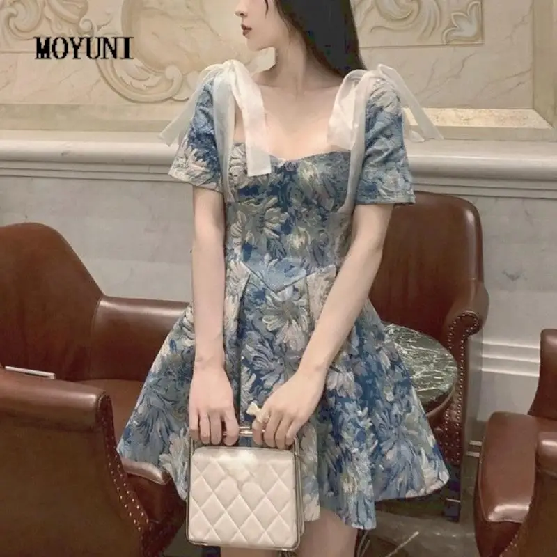 

Print Sexy Party Mini Dresses Lace-up Elegant Korean Fashion Summer Clothes for Women Short Sleeve Beach Designer Vintage Dress