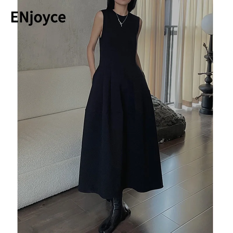 

2022 Winter French Elegant Black Sleeveless Dress Women Simple Drape Dress Holiday Long Women's Dress Party Prom Vestido