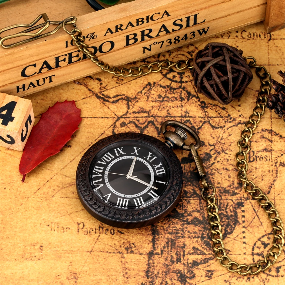 Men Vintage Quartz Pocket Watch Pendant Ebony Wooden Gifts for Men Women Roman Numeral Fob Watch Analog Clock Relógio De Bolso