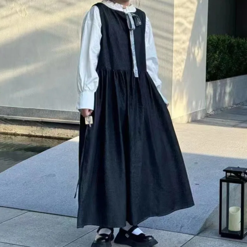 Johnature Mori Свободные джинсовые платья-жилет для женщин 2024 осеннее новое