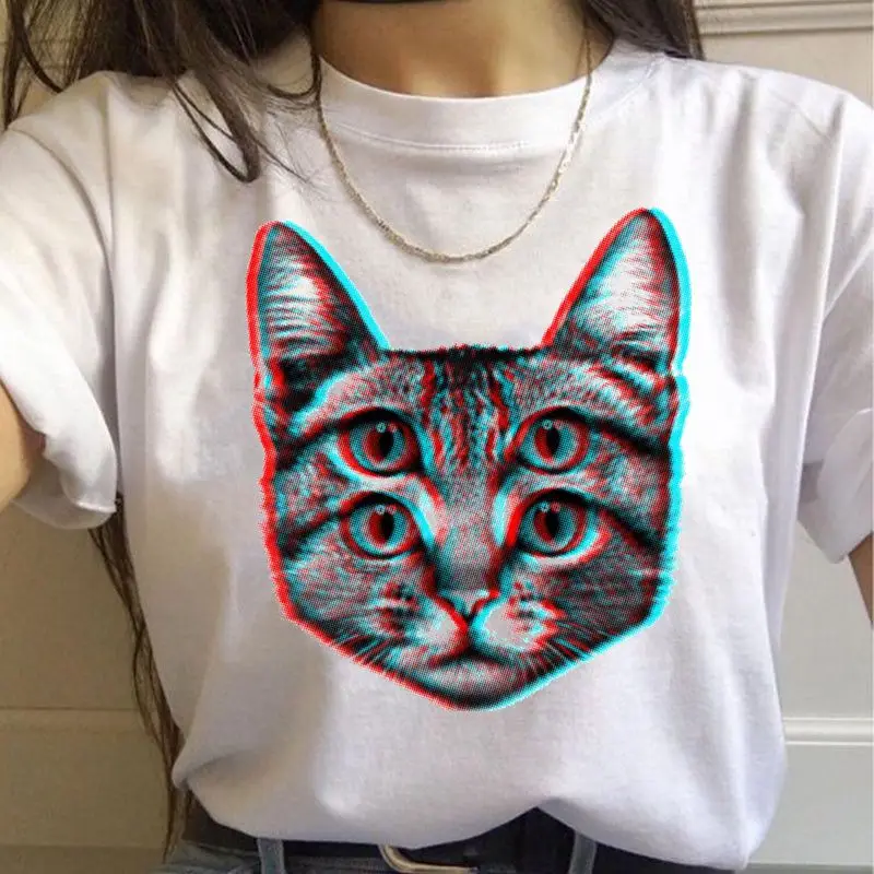 

Visual error cat print women's t-shirt creative novelty interesting short-sleeved casual O-neck t-shirt ladies white top T-shirt