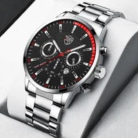 fashion mens business watches silver luxury stainless steel quartz wrist watch calendar luminous clock men casual leather watch