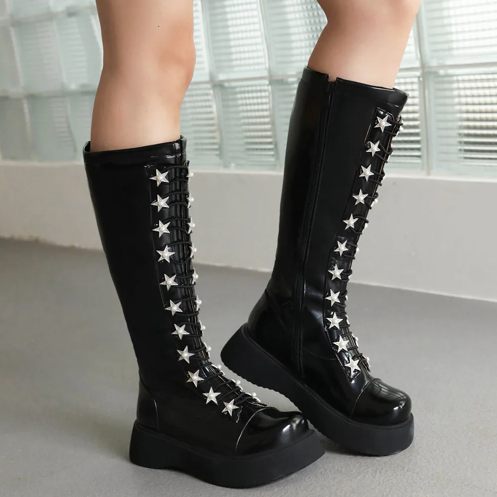 

Gnazhee Plus Size 45 Fashion Women's Biker Boots Shoes Comfy Walk Black Gothic Halloween Cosplay Boot Footwear