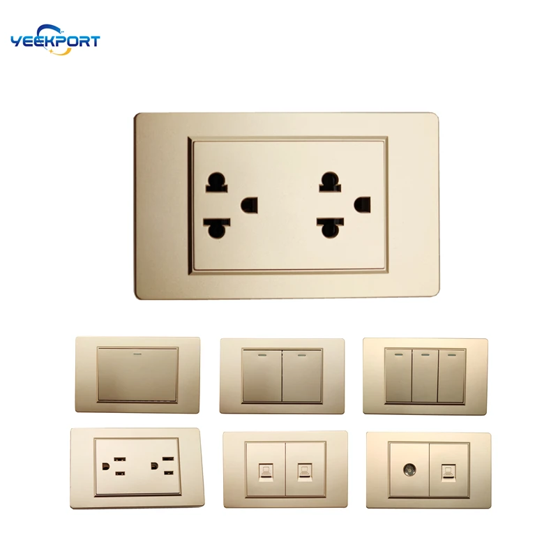 

118mm American multi-function 2Gang Golden PC flame retardant panel 16A 3hole Power Plug Wall Socket And Switch Combination