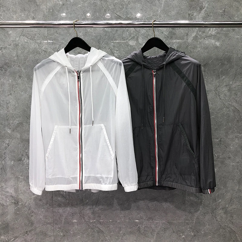 TB THOM Jacket Summer Men's Windbreaker Fashion Brand Men's Jackets 4-Bar Vertical Stripes Quick Dry Uv Hooded Sunscreen Coats