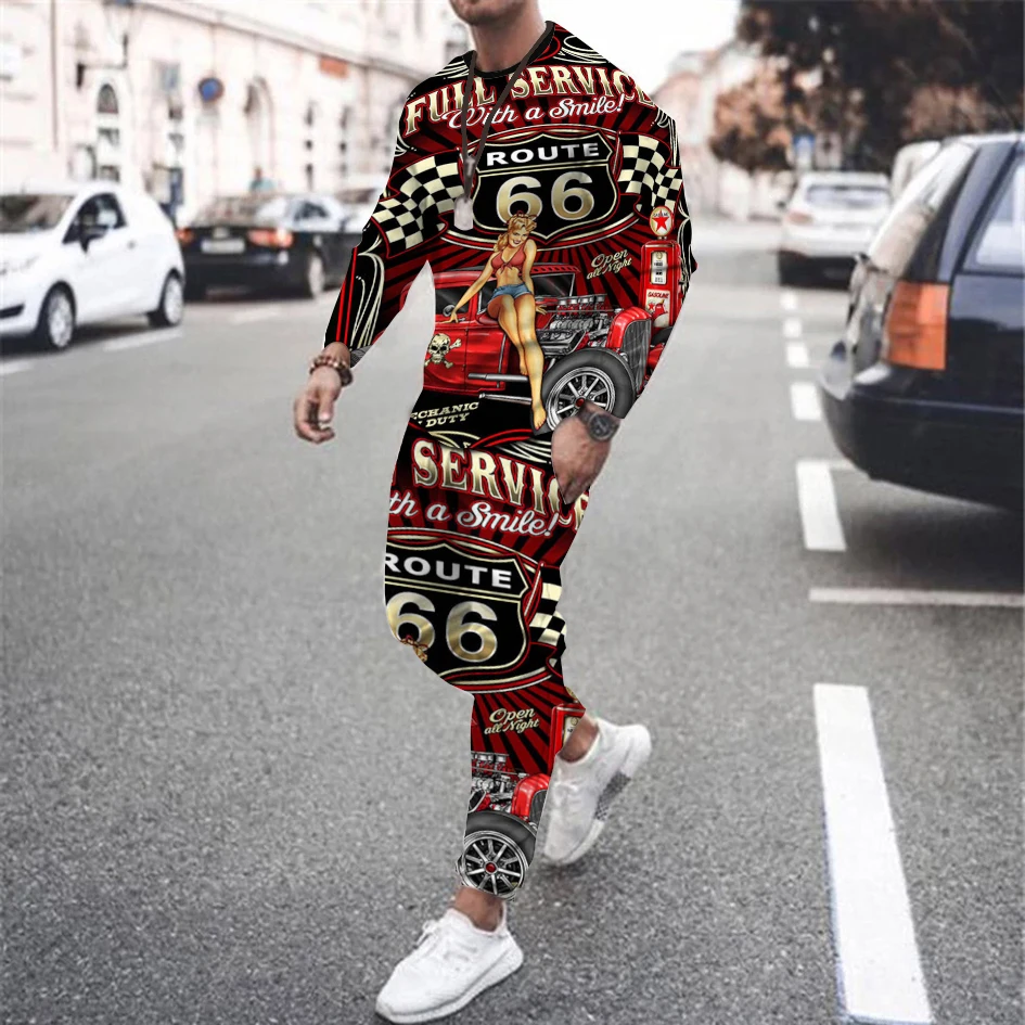 

2022 American Street Men's Wear, 3D Printed Long Sleeved T-shirt Set, Casual Sweatshirt, Vintage Sportswear, Large Long Sleeved
