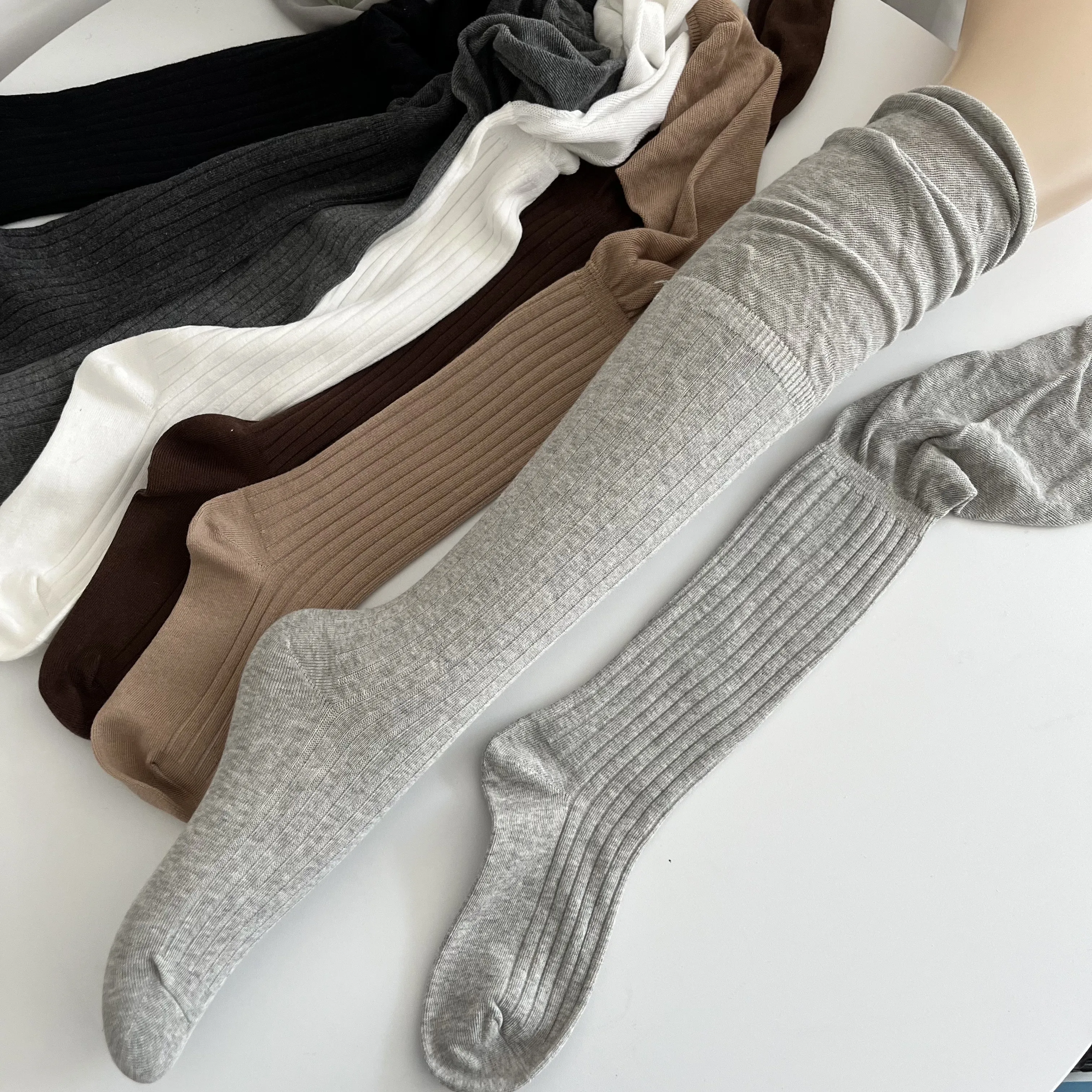 Smoky Gray Knee Socks Women Spring and Autumn Vertical Stripes Patchwork High Stacked Calf Retro White Stockings ...