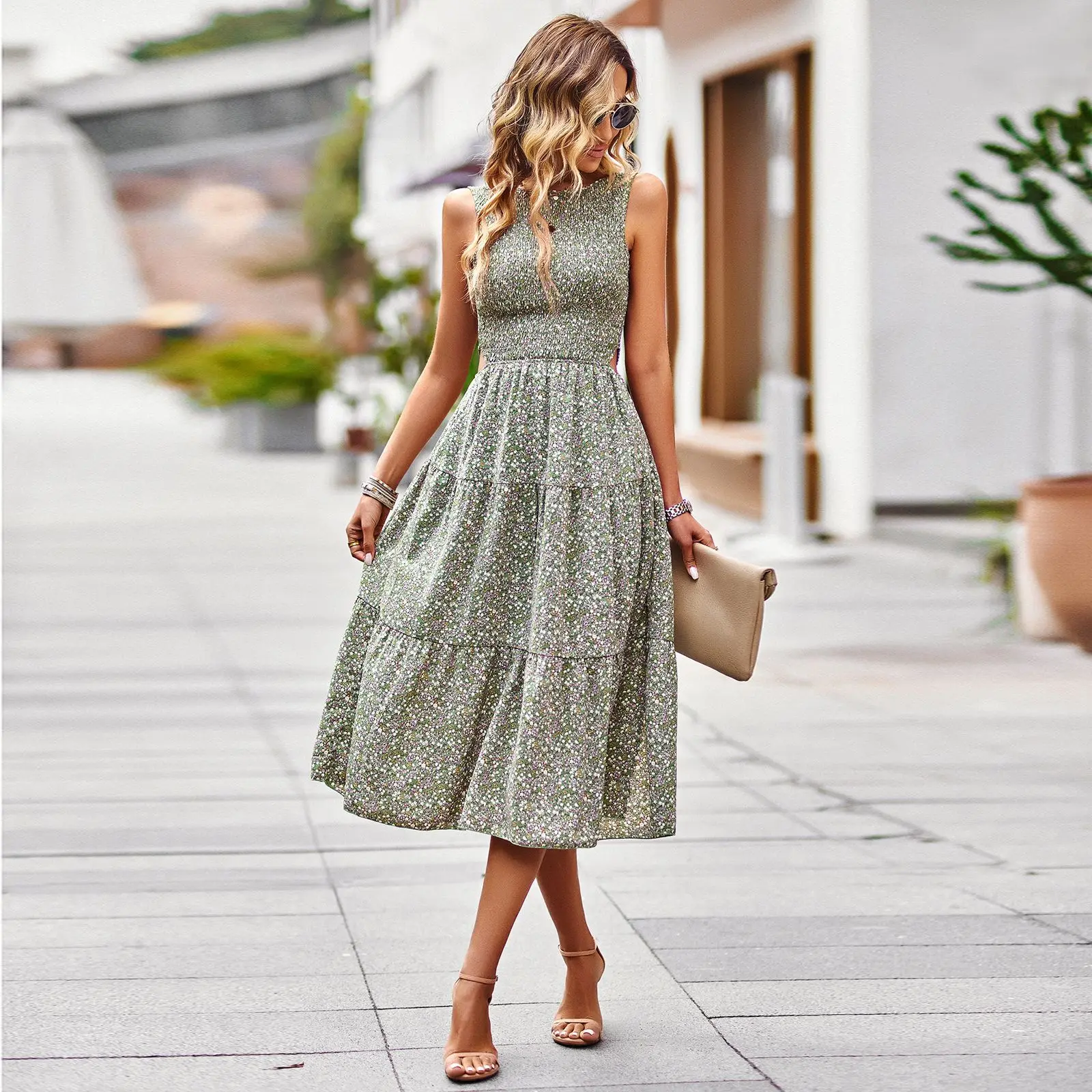 

Женское платье с принтом, элегантное ТРАПЕЦИЕВИДНОЕ платье без рукавов с завышенной талией, юбка с круглым вырезом и разрезом, лето 2023