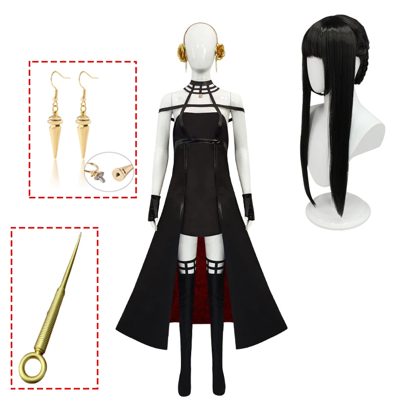 

Anime Spy Family Yor Forger Cosplay Wig Dress Suit Black Red Skirt Set Yor Briar Earring Cosplay Costume with Leather Stockings