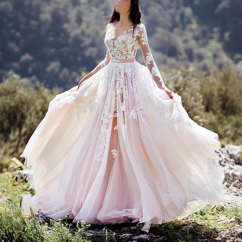 

Meat Pink O-Neck A-Line Illusion Long Sleeve Lace Appliques Belt Court Train Woman Wedding Dresses Bridal Engagement Party