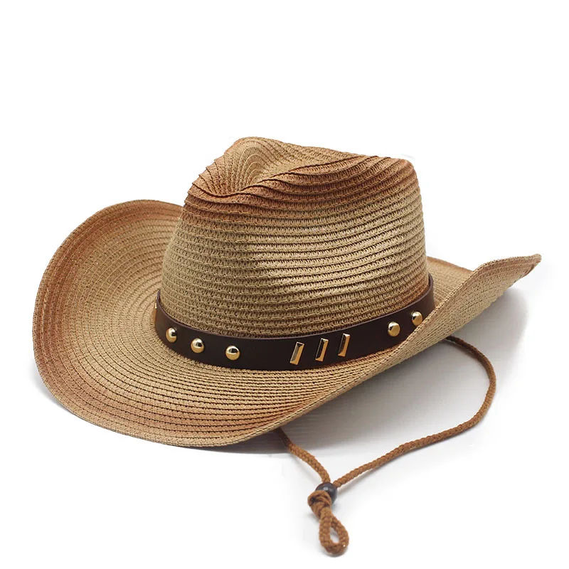 

Summer Western Cowboy Hat With Chin Strap Men Women Cycling SunHat Sombrero Sombrero Hombre UV Protection Cowgirl Jazz Beach Cap