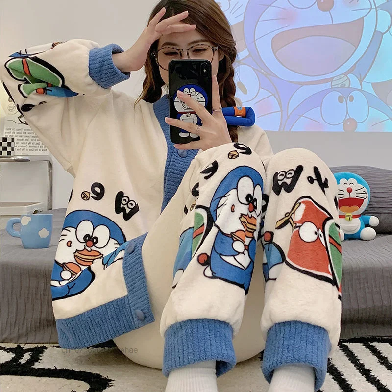 

Doraemon Disney Lotso Snario Melody Cinnamoroll Zootopia Cartoon Flannel Thickened Women Men Cardigan Sleepwear Pyjamas Sets