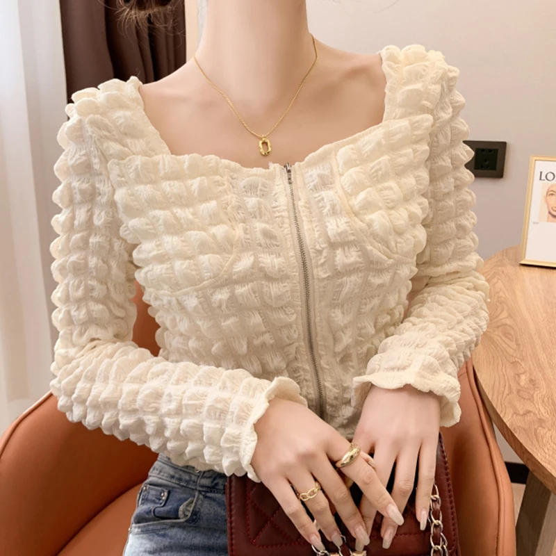 

Haut Femme 2022 Spring Square Collar Puff Blouse Women Zipper Long Sleeve Blouses Ladies Crop Top Blouse Solid Camisas De Mujer