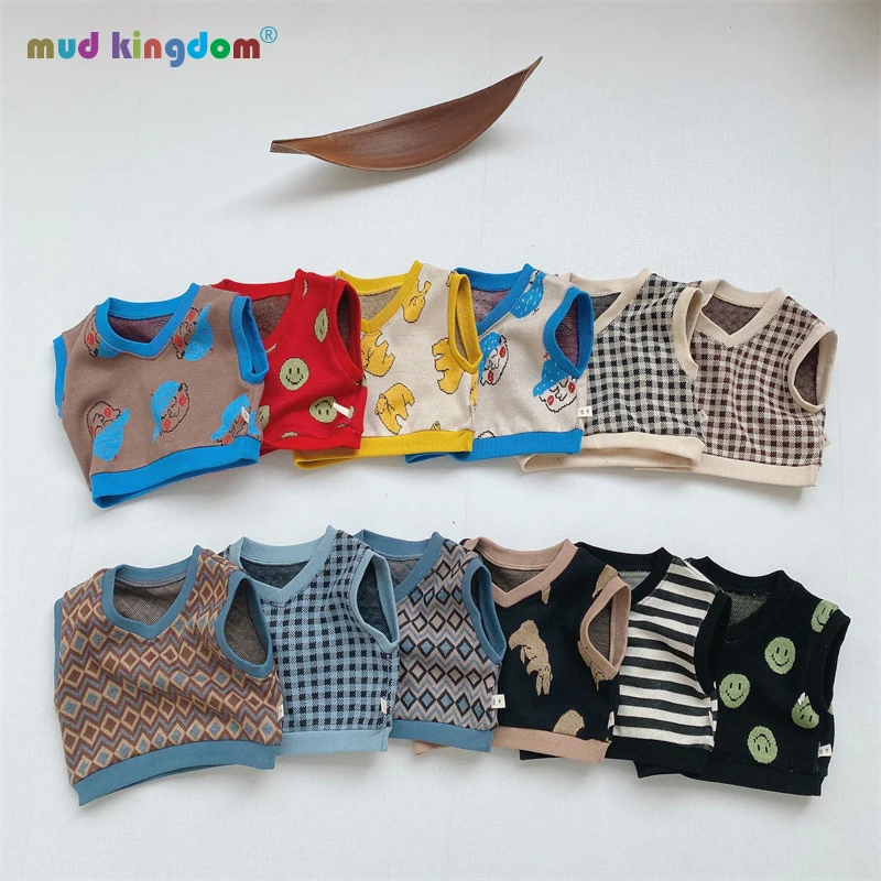 

Mudkingdom Toddler Girls Boys Knitted Vest V-Neck Cartoon Pattern Plaid Stylish Soft Baby Sweater for Kids Clothes Spring Autumn