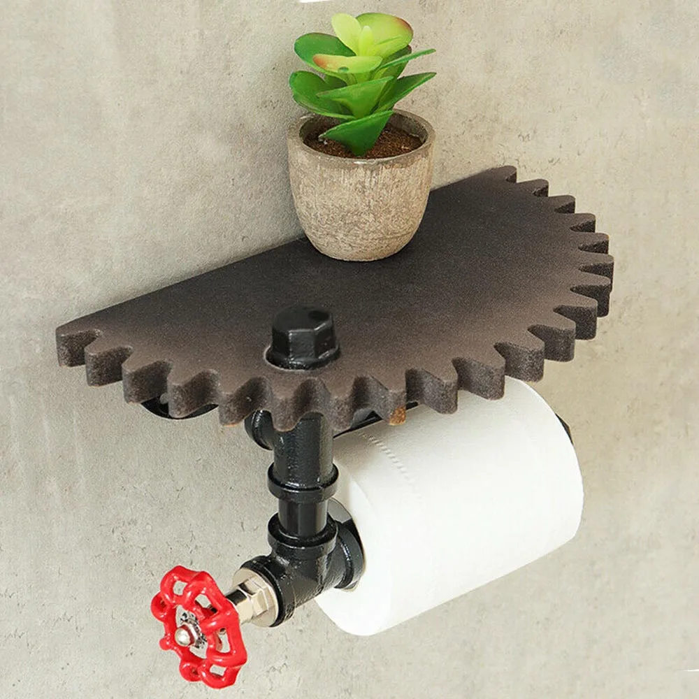 

1pc Wall Shelves With Pipe Retro Industrial Pipe Bracket Toilet Paper Holder Wood Gear Wall Shelf Retro Bar America Decor Shelf