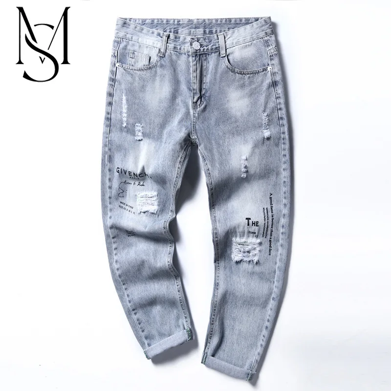 

Мужские джинсы в Корейском стиле, Свободные повседневные Капри с дырками, весна-лето 2022