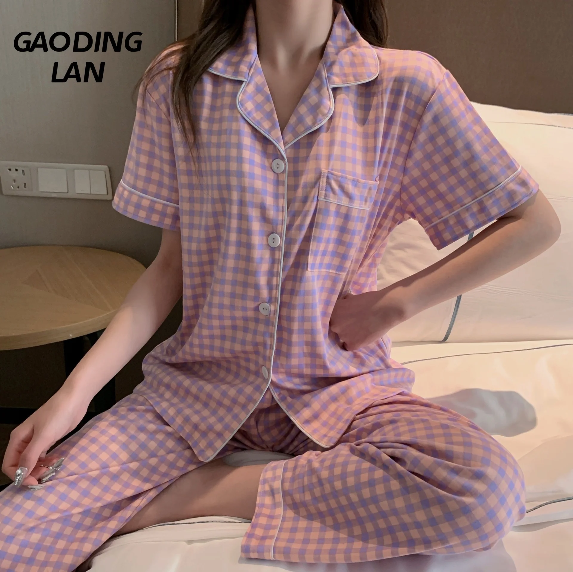 

New Summer Women Short Sleeve Pajamas Set Pink Plaid Pyjamas Cardigan Turndown Collar Sleepwear Korean 2 Piece Cotton Night Wear