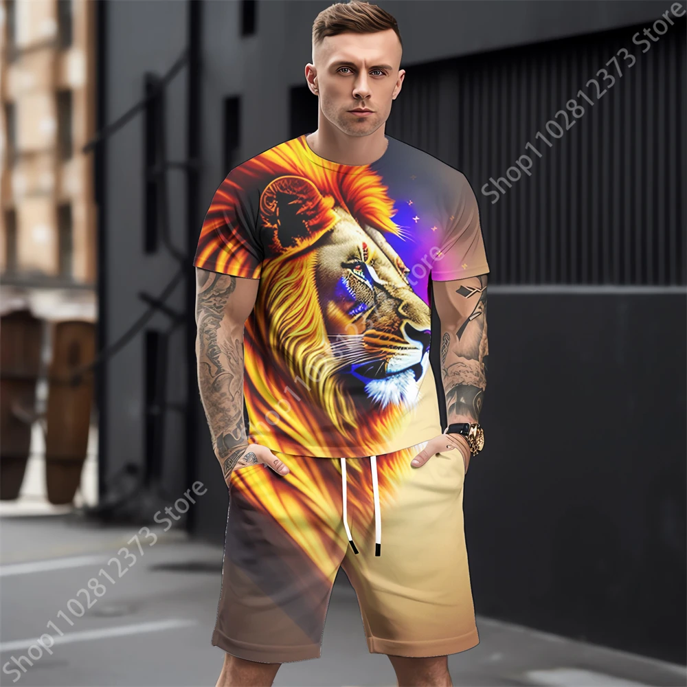 2023 New Retro Man Tracksuit Summer Men Casual Short Sleeve Two Piece Sets Fashion 3D Lion Wolf Printing Streetwear Men Clothing