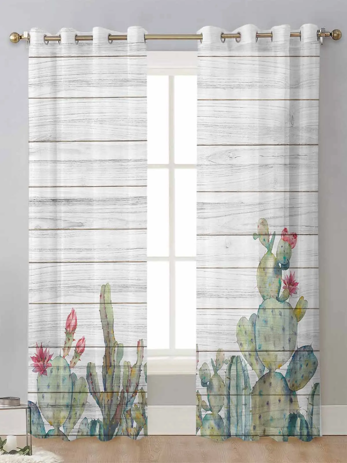

Cactus Tropical Plant Wood Board Texture Sheer Curtains For Living Room Window Voile Tulle Curtain Cortinas Drapes Home Decor