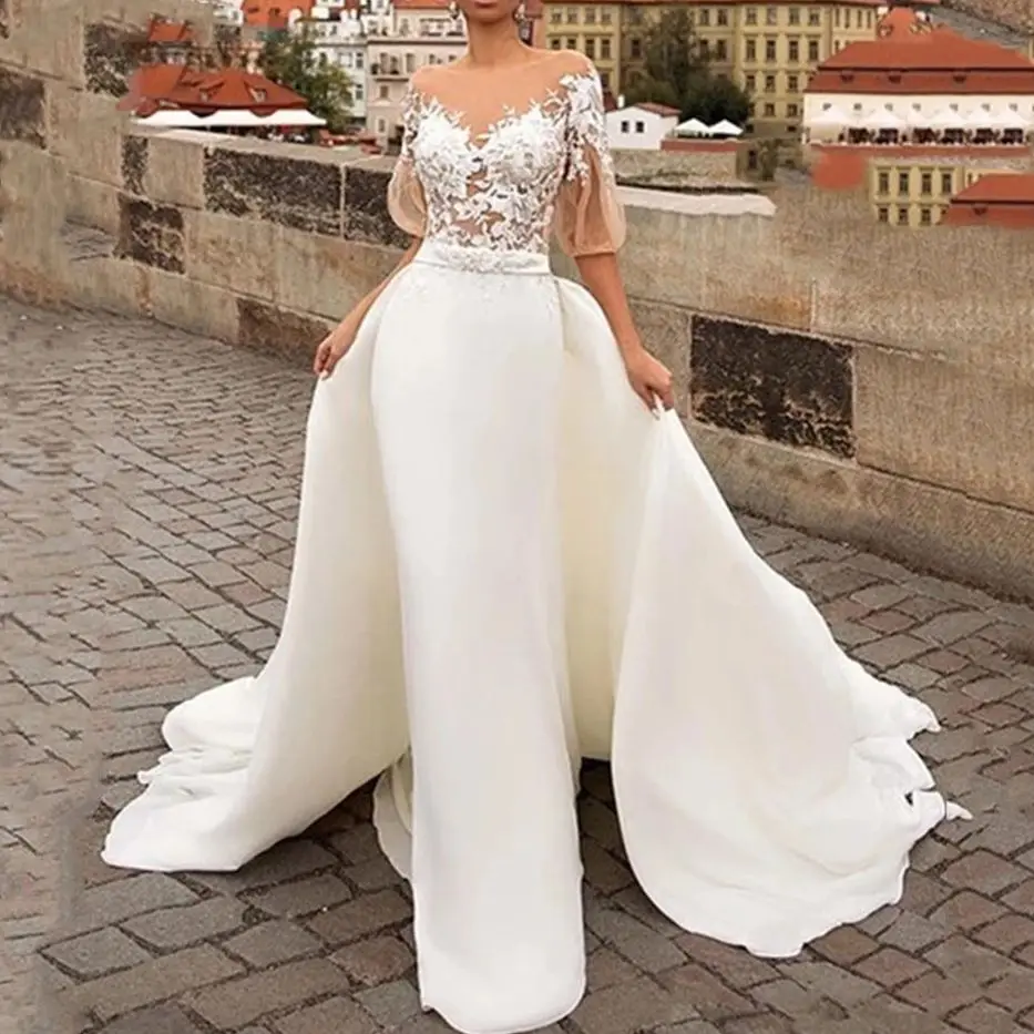 

Mermaid Wedding Dresses Women 2022 Lace Appliqued Puff Sleeves Bridal Bride Gowns Detachable Train Robe De Mariée