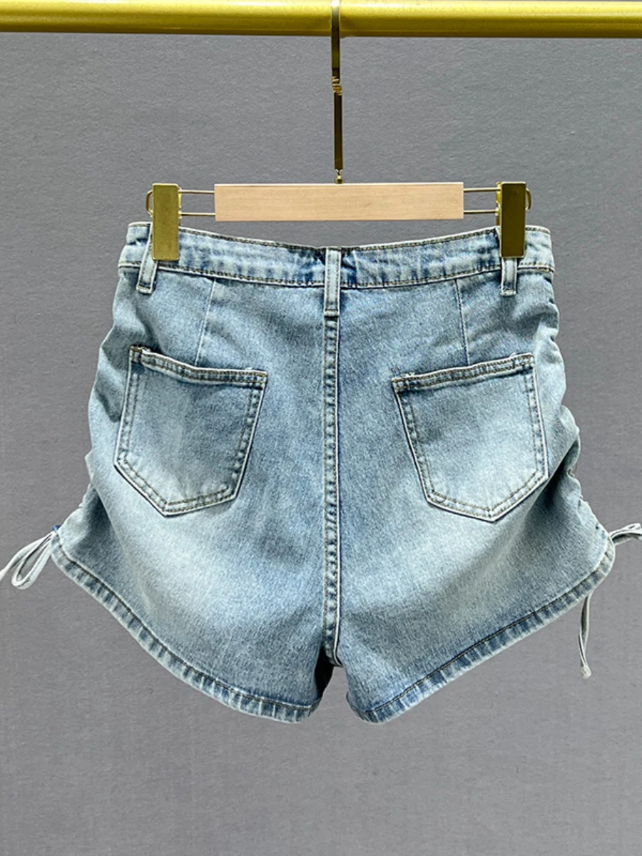 Exquisite Rhinestone Denim Shorts Women's Trendy 2023 New Summer Stretch High Waist Slim Slimming Blue Jeans Shorts Hot Pants