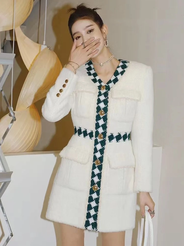 

Designer Retro Contrast Color Woven Check V-Neck Faux Mink Hair High Waist Long Sleeve Dress Women's Fall Fashion Shift Dress