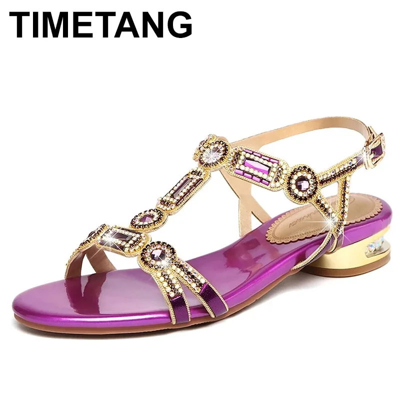 

TIMETANG Women Green Blue Gold Rhinestone Sandals T-strap Square Heel 2.5cm Low-heeled Sandals Party Shoes Back Buckle Big Size
