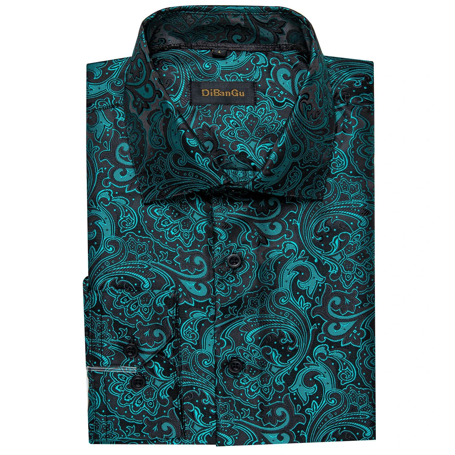 Treal Green Paisley Men's Long Sleeve Shirt Floral Casual Silk Regular-fit Button-down Collar Tuxedo Dress Shirts Men Clothing