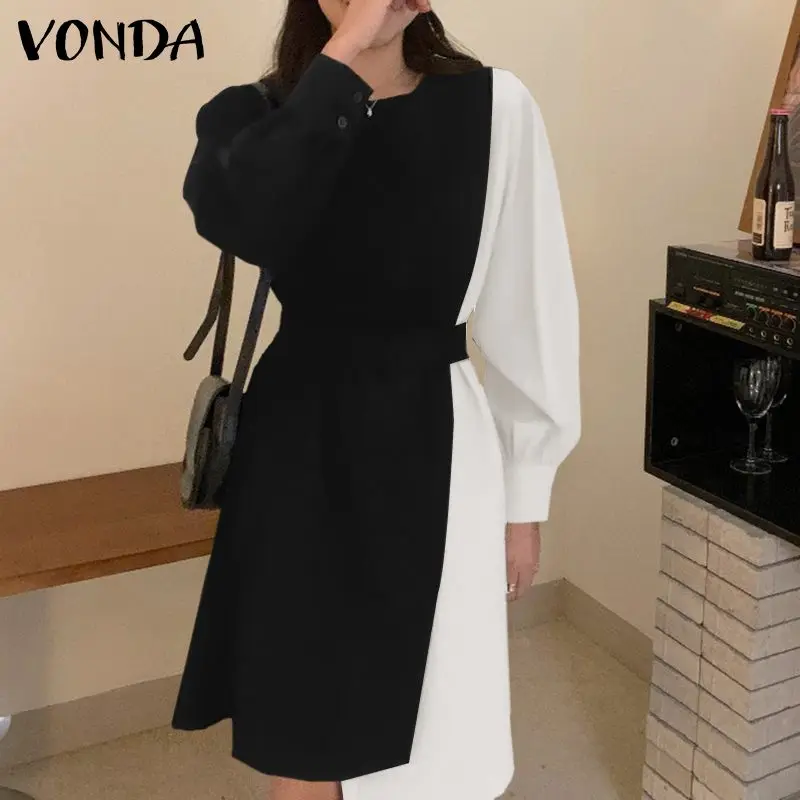 

Summer Patchwork Shirt Dress 2022 VONDA Women Autumn Vintage Puff Sleeve Asymmetrical Pleated Party Vestidos Belted Sundress