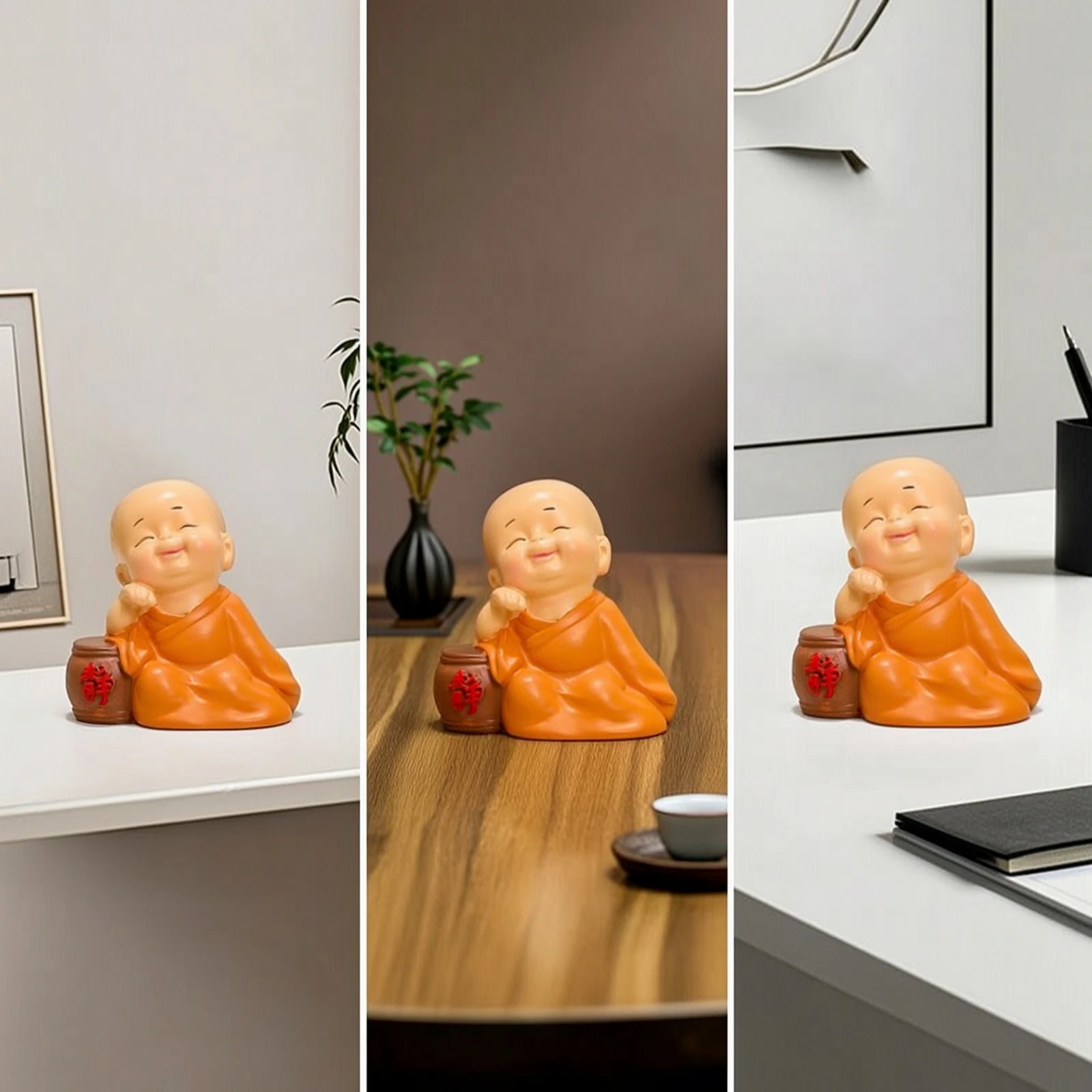 Фото Фигурка монаха из смолы, миниатюрная улыбающаяся фигурка монаха, маленькая, для медитаторов, офисного стола, медитационного уголка. №1