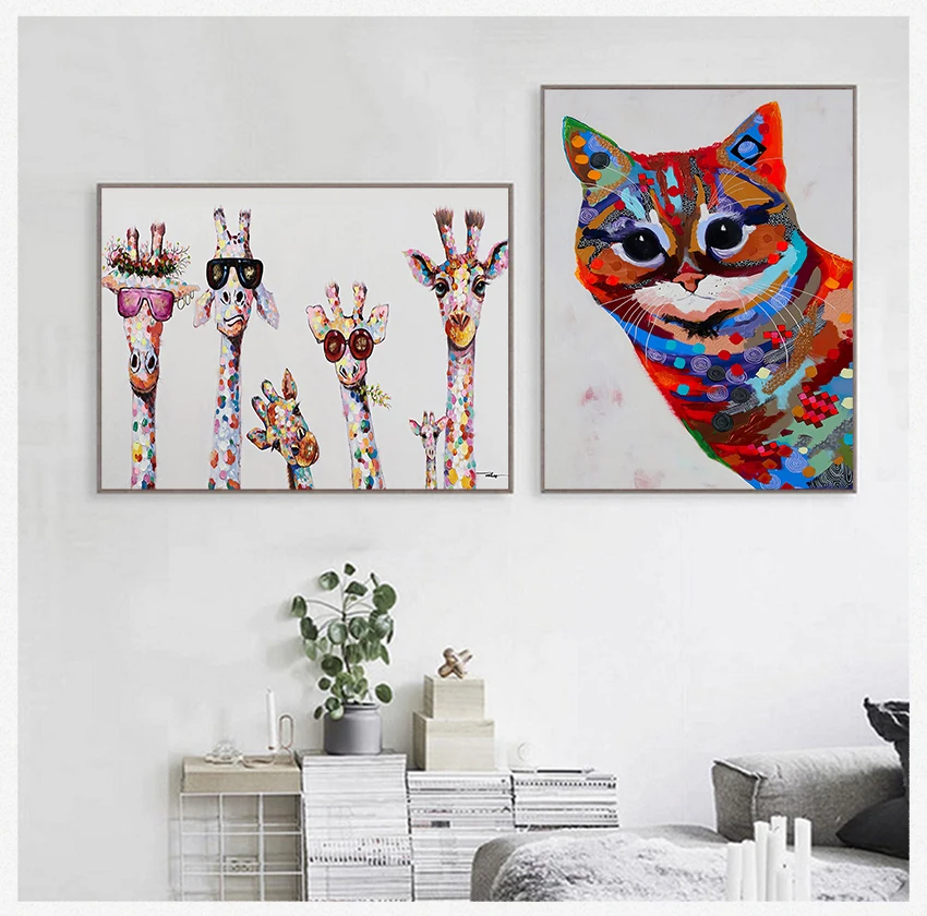 

Картина на холсте, настенное искусство для постельного белья, искусство комнаты, красочное масло, животное, жираф, семья с очками