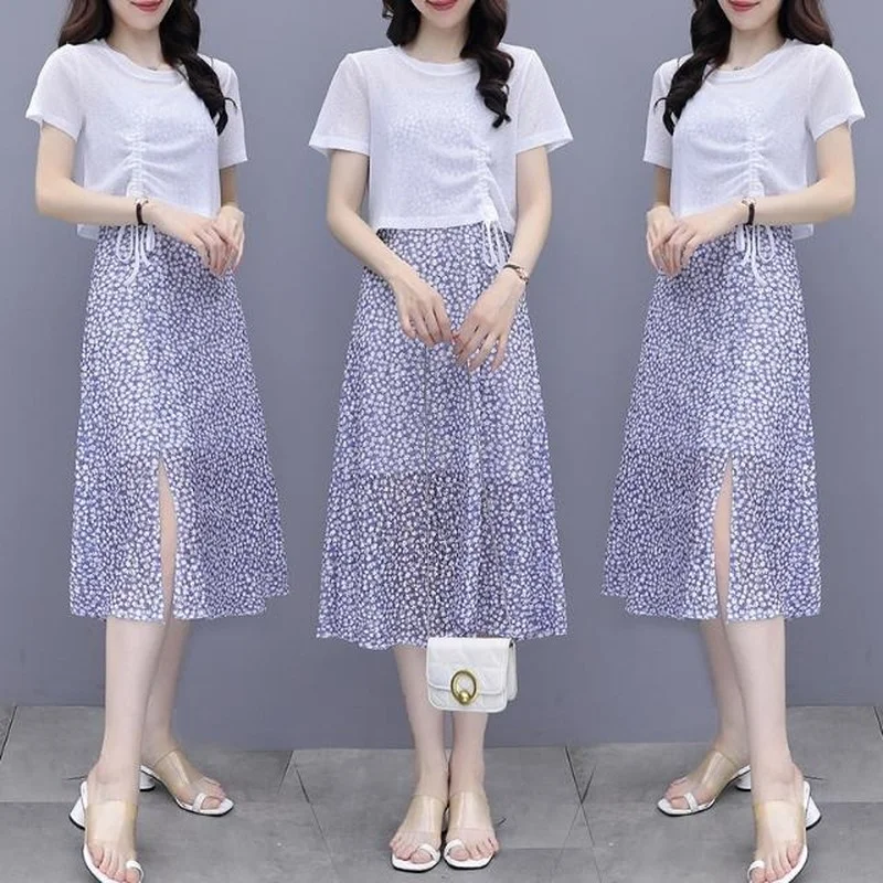 

Fashion Dress Suit Female 2022 Summer Korean High Waist Floral Print Long Dresses Plus Size Chiffon Top Two-piece Suit E113