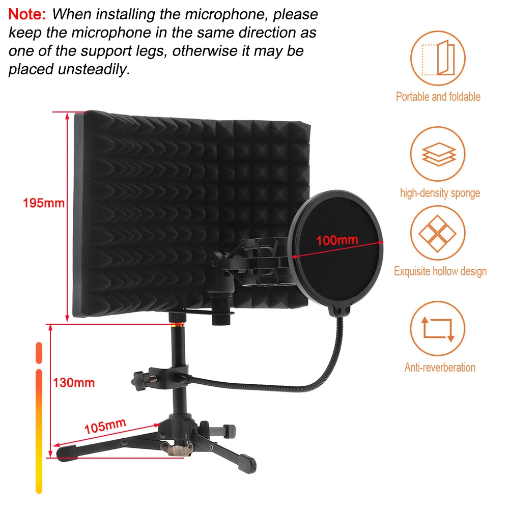Microphone Isolation  Shield Tripod Pop Filter Shockproof Frame Set Curved Surface Wind Screen Foldable 3/8 to 5/8 Inch Screw