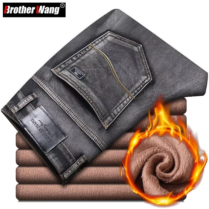 

2023New Warm Men's Fleece Jeans 2020 Classic Style Gray Cotton Regular Fit Stretch Denim Thick Pants Male Brand Trousers