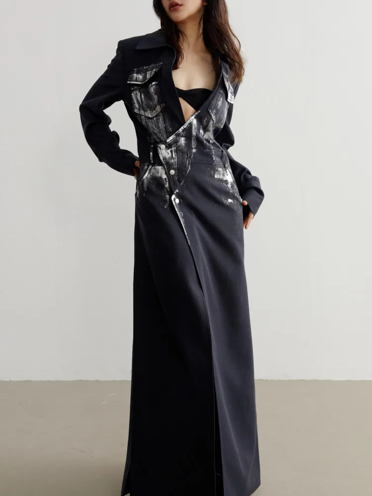 Женский блейзер BZVW свободный дизайнерский Длинный темно-синего цвета модель 1df6138