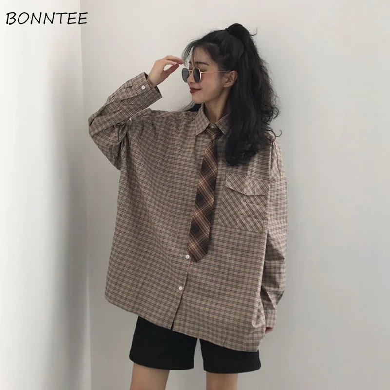 

Shirts Women Pockets Plaid Chic Street Wear All-match BF College Young Ladies Korean Style Ulzzang Design Kawaii Casual Cozy Ins
