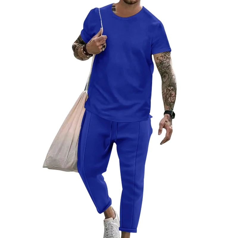 Brand Men's Spring/Summer Round Neck Casual Comfortable Top+Split Sweatpants Two Piece Set of Boutique Set