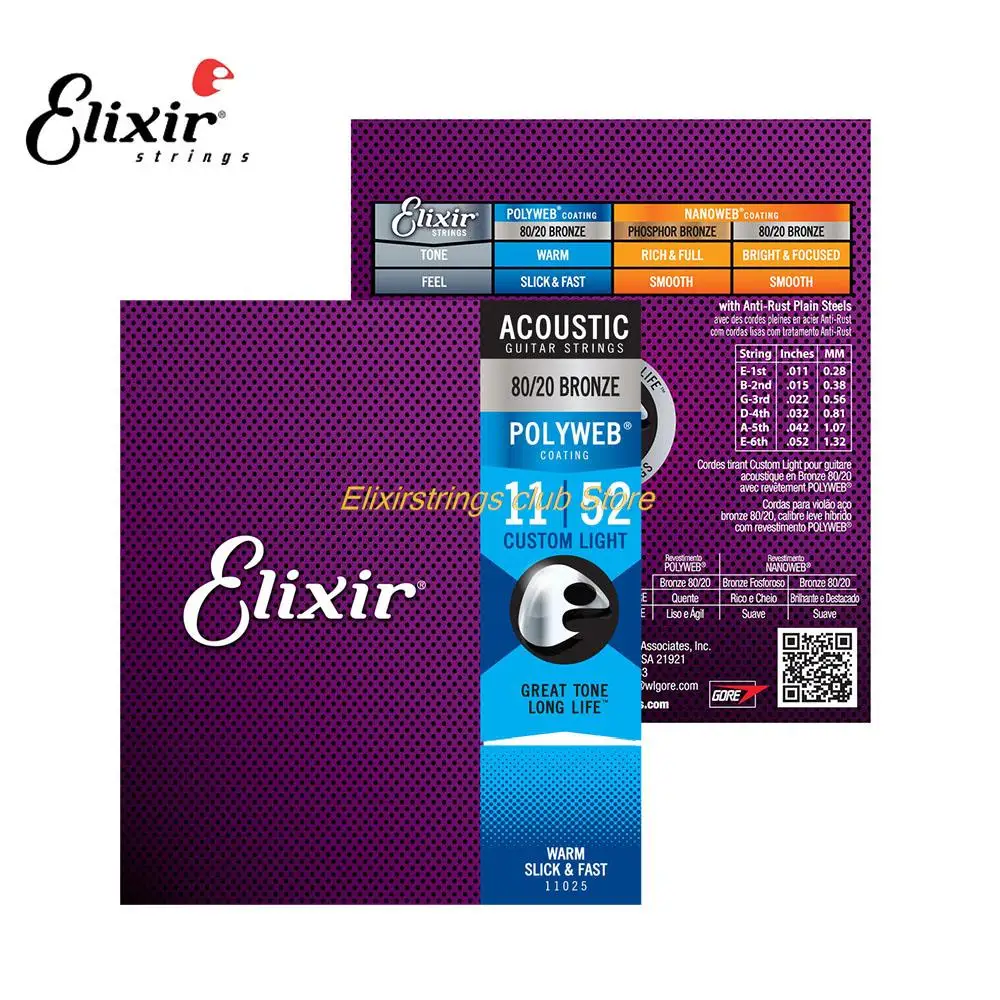 

Elixir 11025 Acoustic Guitar Strings 11-52 80/20 Bronze For 6 Strings Free Shipping Durable Smooth Touch Guitar Accessories