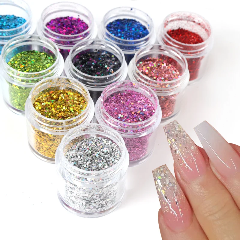 

10 Bottles Nail Art Shinning Powder Chrome Pigment Iridescent Hexagon Ultrathin Glitter Sequins Gel Polish Manicure Decoration