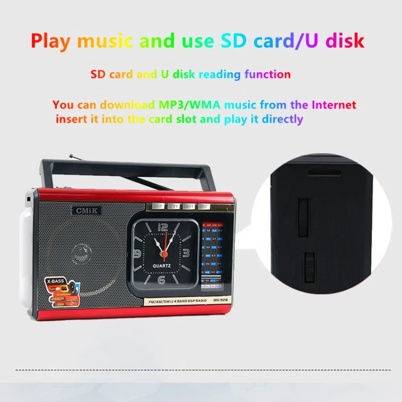 Фото Cmik Mk-928retro Будильник Радио Bluetooth динамик поддерживает AUX USB/TF карта светодиодное освещение Am/fm/sw трехдиапазонное домашнее портативное радио №4