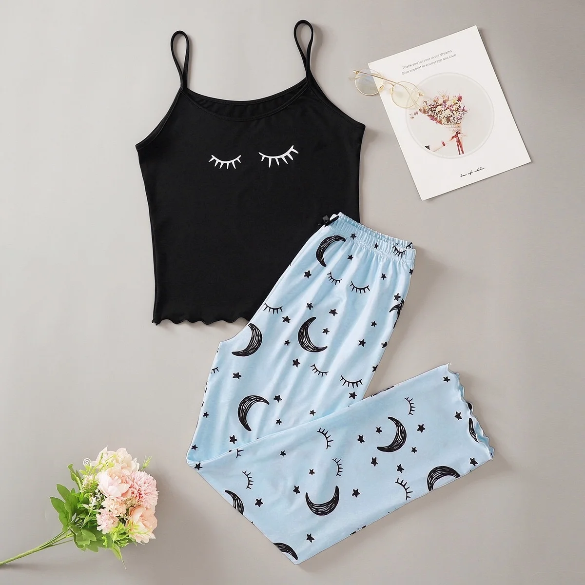 

New Style Summer Lady's Casual Cartoon Eyelash Print Camisole With Pants Pajama Set Fashion Homewear Pajamas Sleepwear Underwear