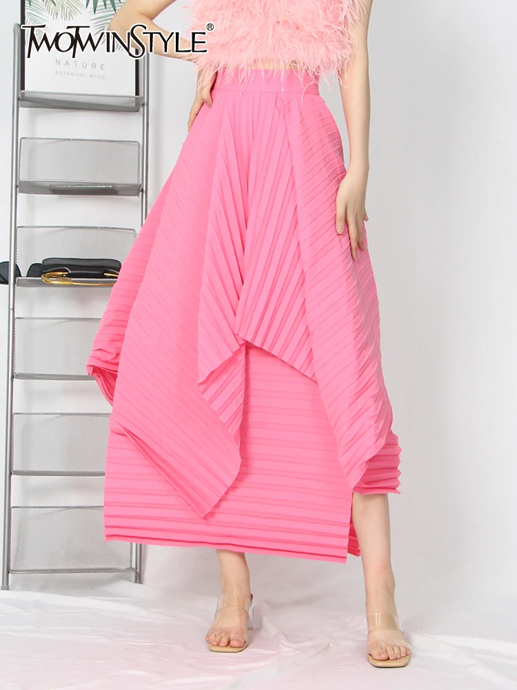 

TWOTWINSTYLE Casual Solid Minimalist Skirt For Women High Waist Irregular Hem Midi Skirts Female Korean Fashion 2022 Clothes New