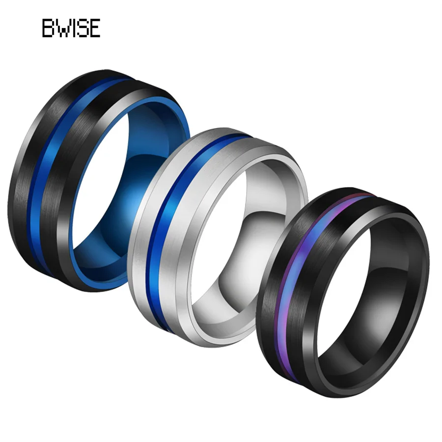 

BWISE Classic Men's 8mm Black Tungsten Wedding Rings Double Groove Beveled Edge Brick Pattern Brushed Stainless Steel Rings Men