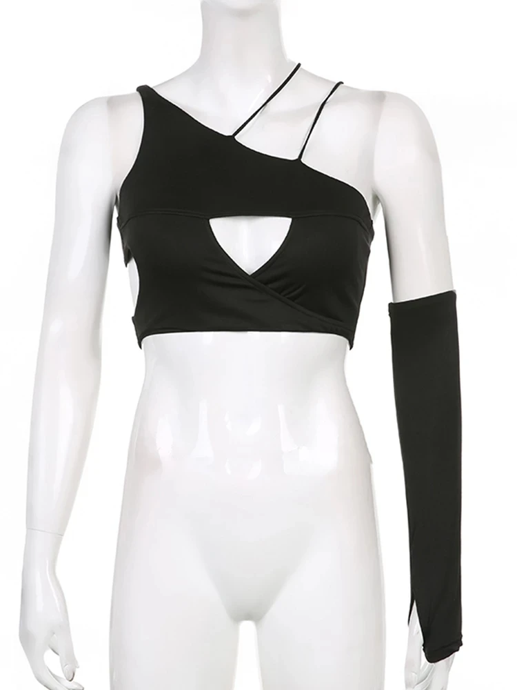 Ажурные сексуальные асимметричные женские футболки Y2k с одним рукавом