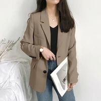 women business blazer solid color cardigan turn down collar flap pockets button decor lady spring blazer for work